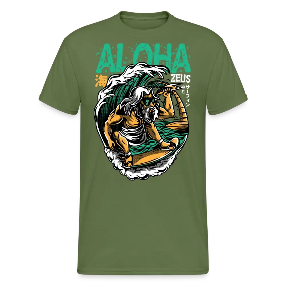 T-shirt Aloha Zeus : Le Dieu Surfeur - vert militaire